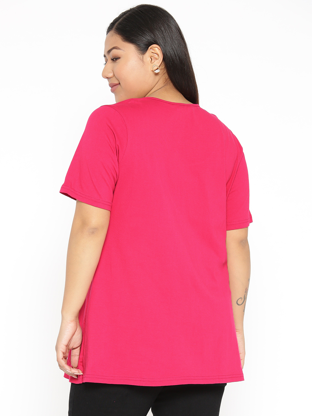 Women's Plus Size Fuchsia Solid Color Cotton knitted T-shirt with embellished detail