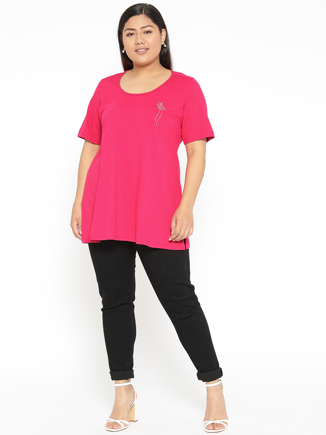 Women's Plus Size Fuchsia Solid Color Cotton knitted T-shirt with embellished detail