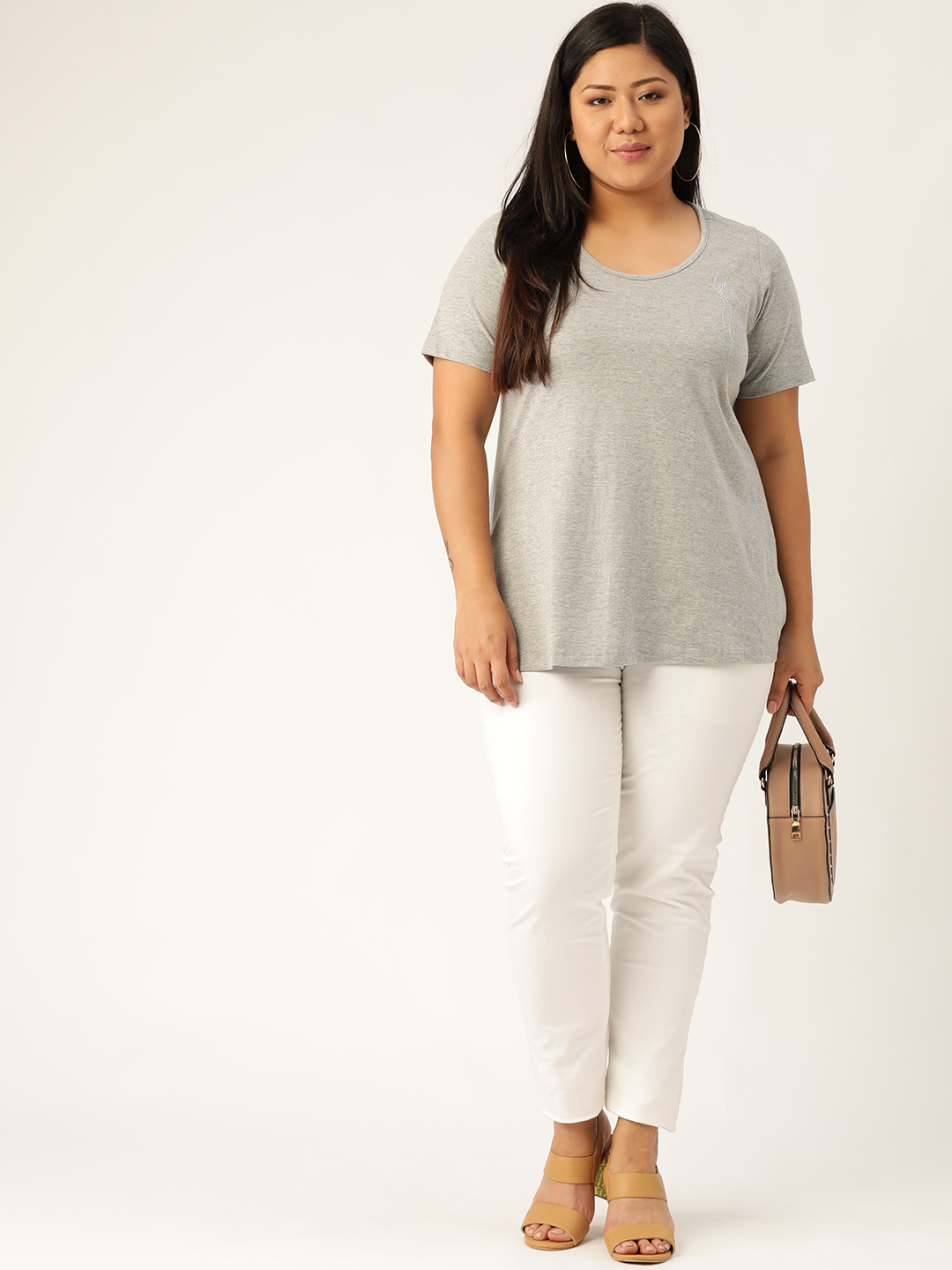 Women's Plus Size Light Grey Solid Color Cotton knitted T-shirt with embellished detail
