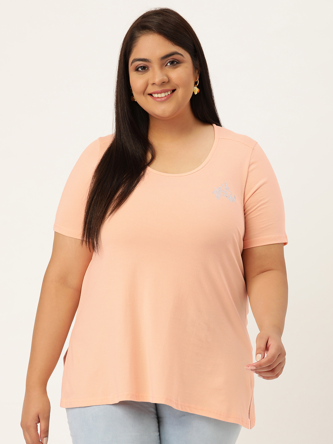 Women's Plus Size Light Peach Solid Color Cotton knitted T-shirt with embellished detail