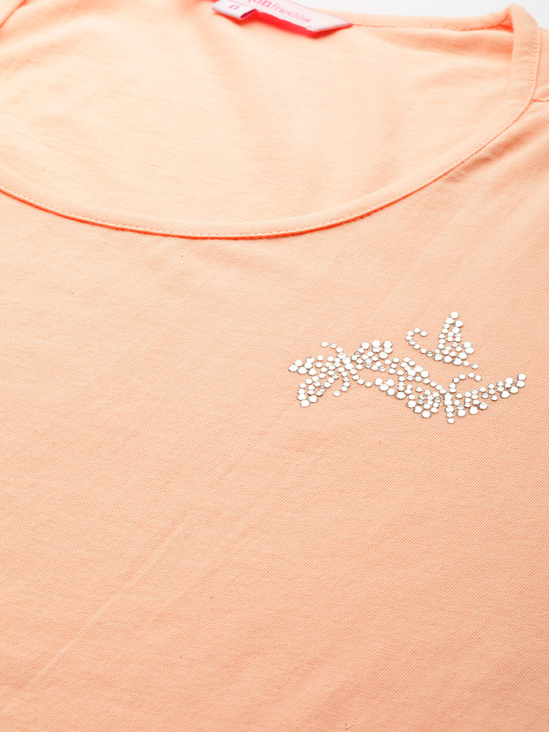 Women's Plus Size Light Peach Solid Color Cotton knitted T-shirt with embellished detail