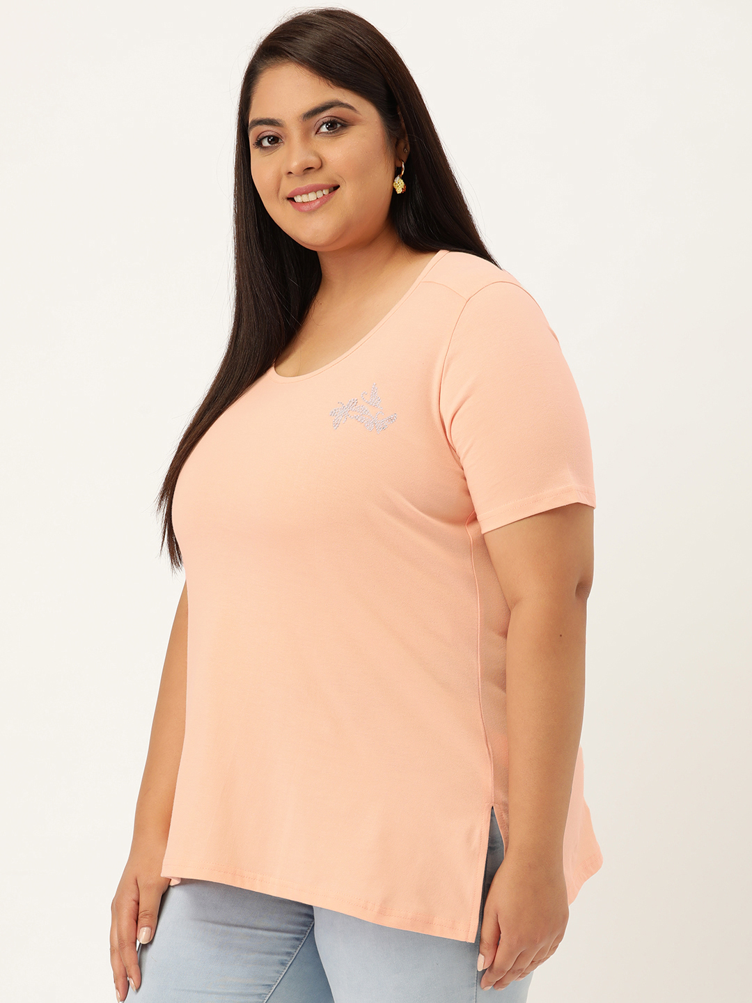 Women's Plus Size Light Peach Solid Color Cotton knitted T-shirt with embellished detail