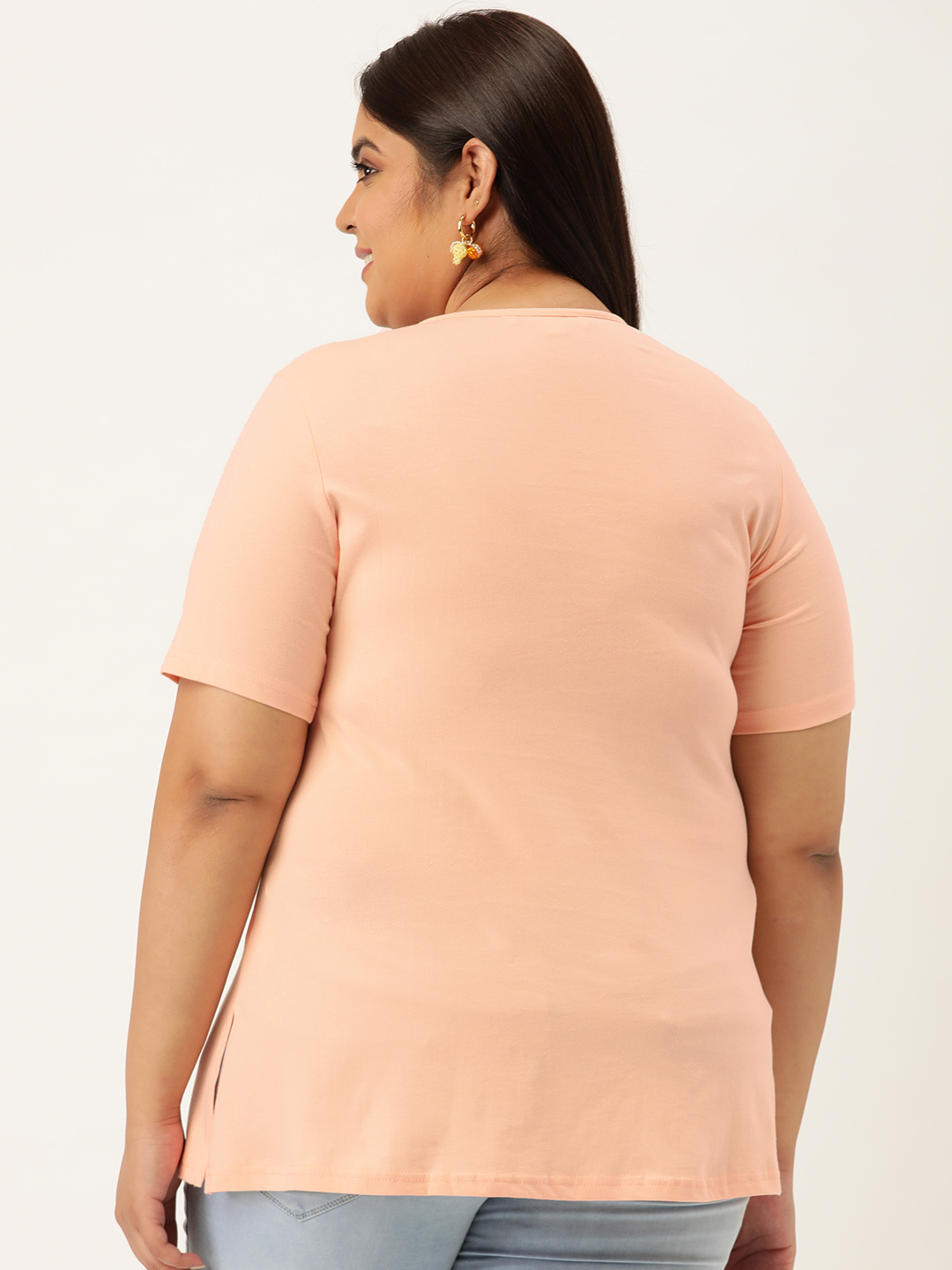 Women's Plus Size Light Peach Solid Color Cotton knitted T-shirt with embellished detail