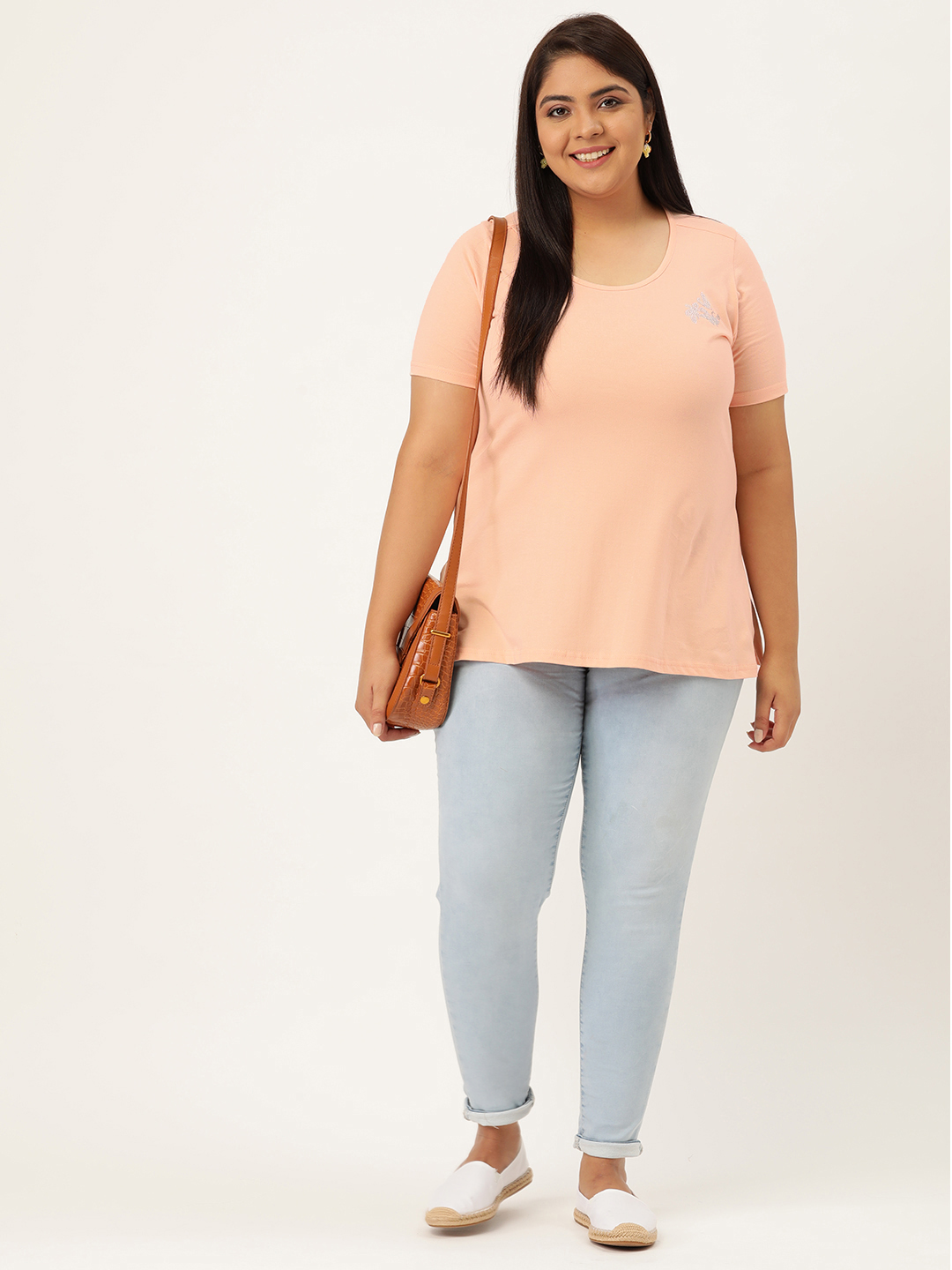 Women's Plus Size Light Peach Solid Color Cotton knitted T-shirt with embellished detail