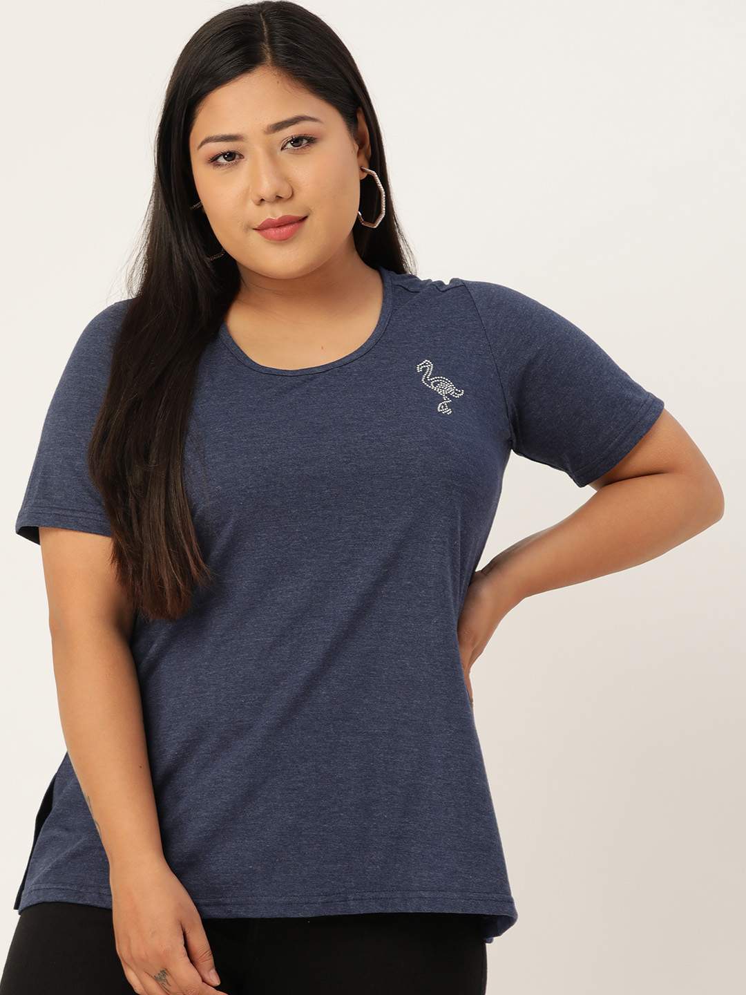 Women's Plus Size Melange Blue Solid Color Cotton knitted T-shirt with embellished detail