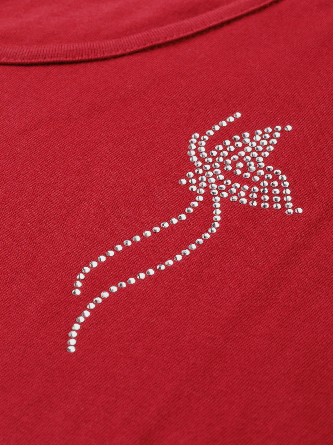 Women's Plus Size Maroon Solid Color Cotton knitted T-shirt with embellished detail