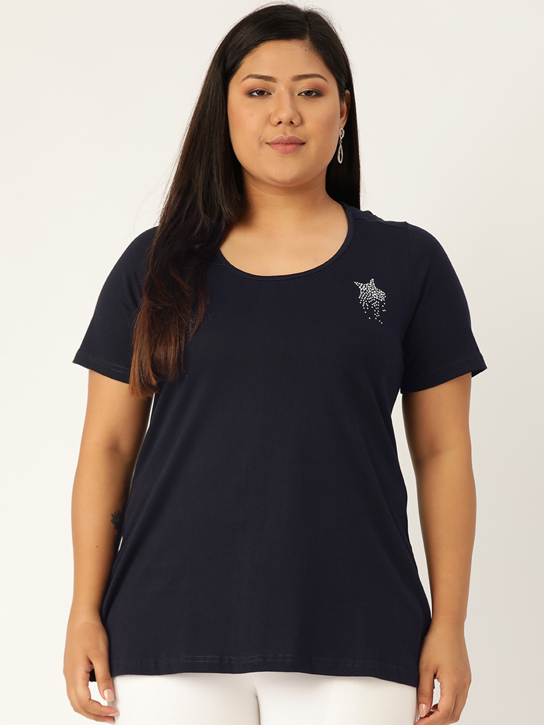 Women's Plus Size Navy Blue Solid Color Cotton knitted T-shirt with embellished detail