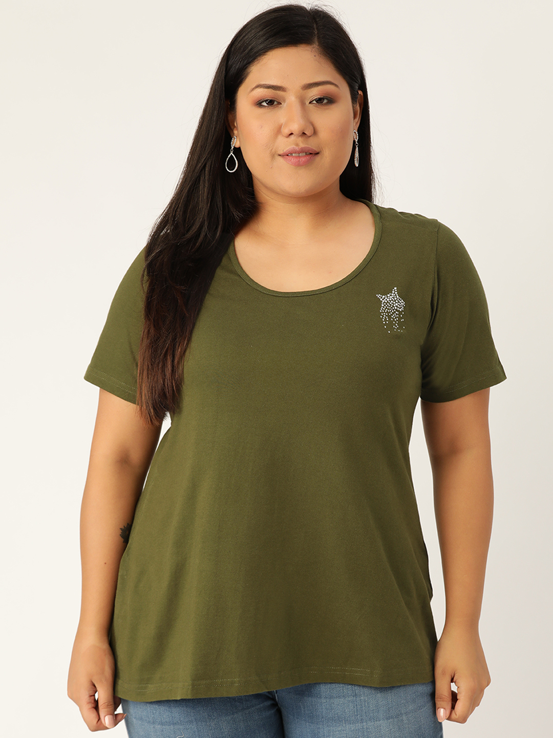 Women's Plus Size Olive Solid Color Cotton knitted T-shirt with embellished detail