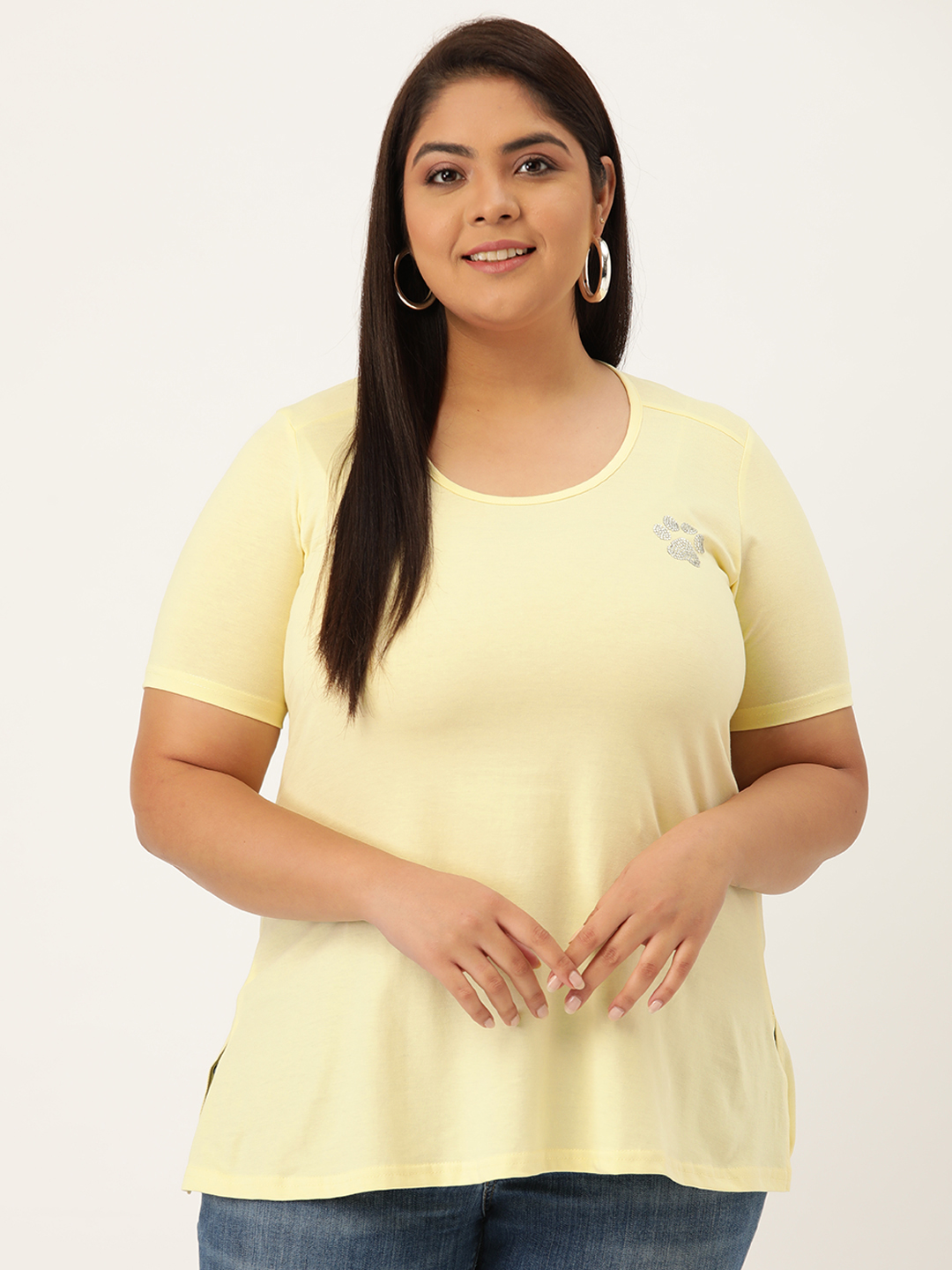 Women's Plus Size Pale Yellow Solid Color Cotton knitted T-shirt with embellished detail