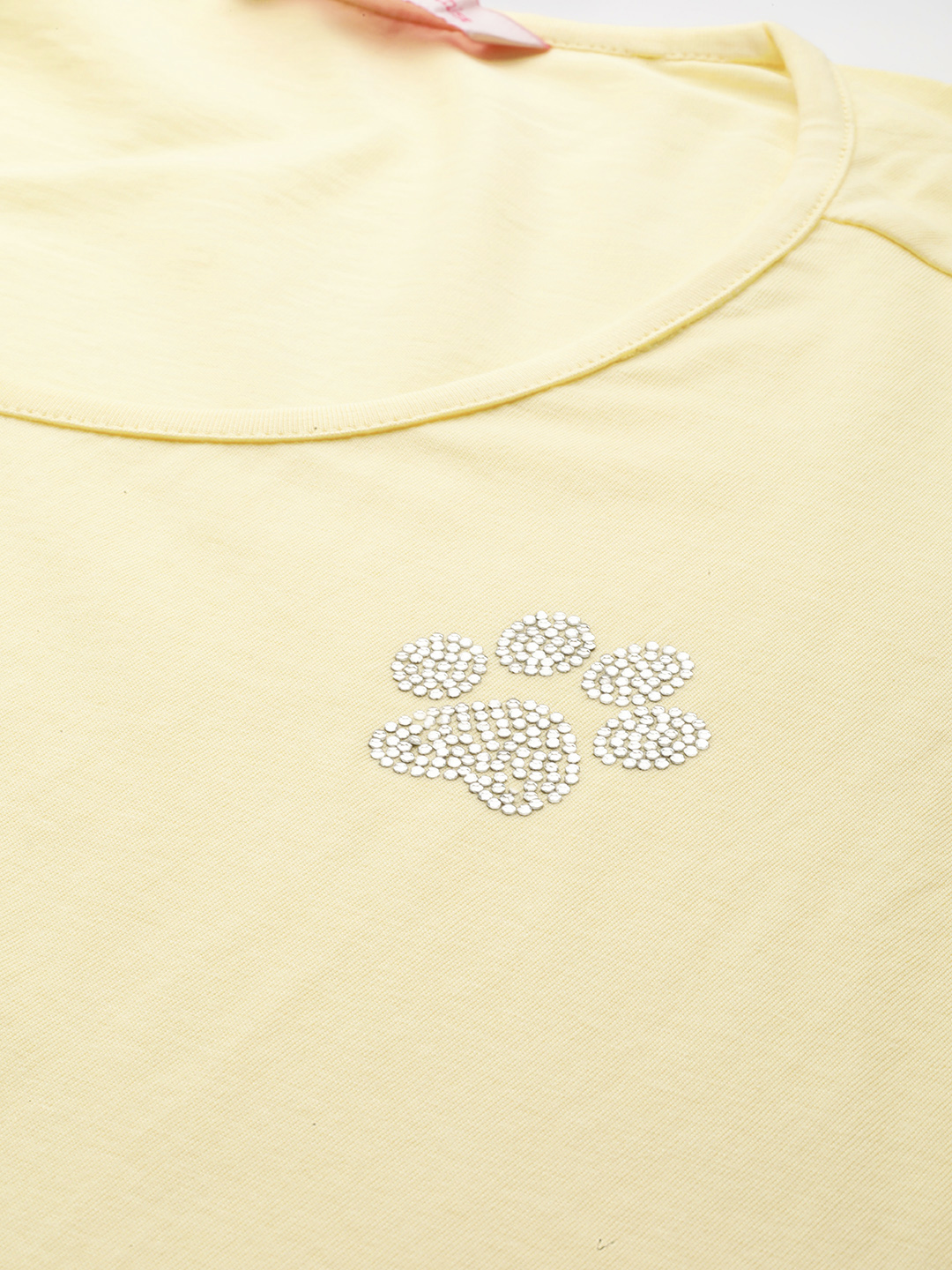 Women's Plus Size Pale Yellow Solid Color Cotton knitted T-shirt with embellished detail
