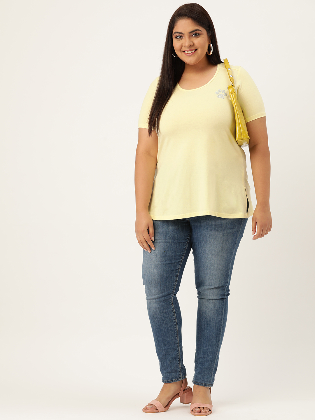 Women's Plus Size Pale Yellow Solid Color Cotton knitted T-shirt with embellished detail