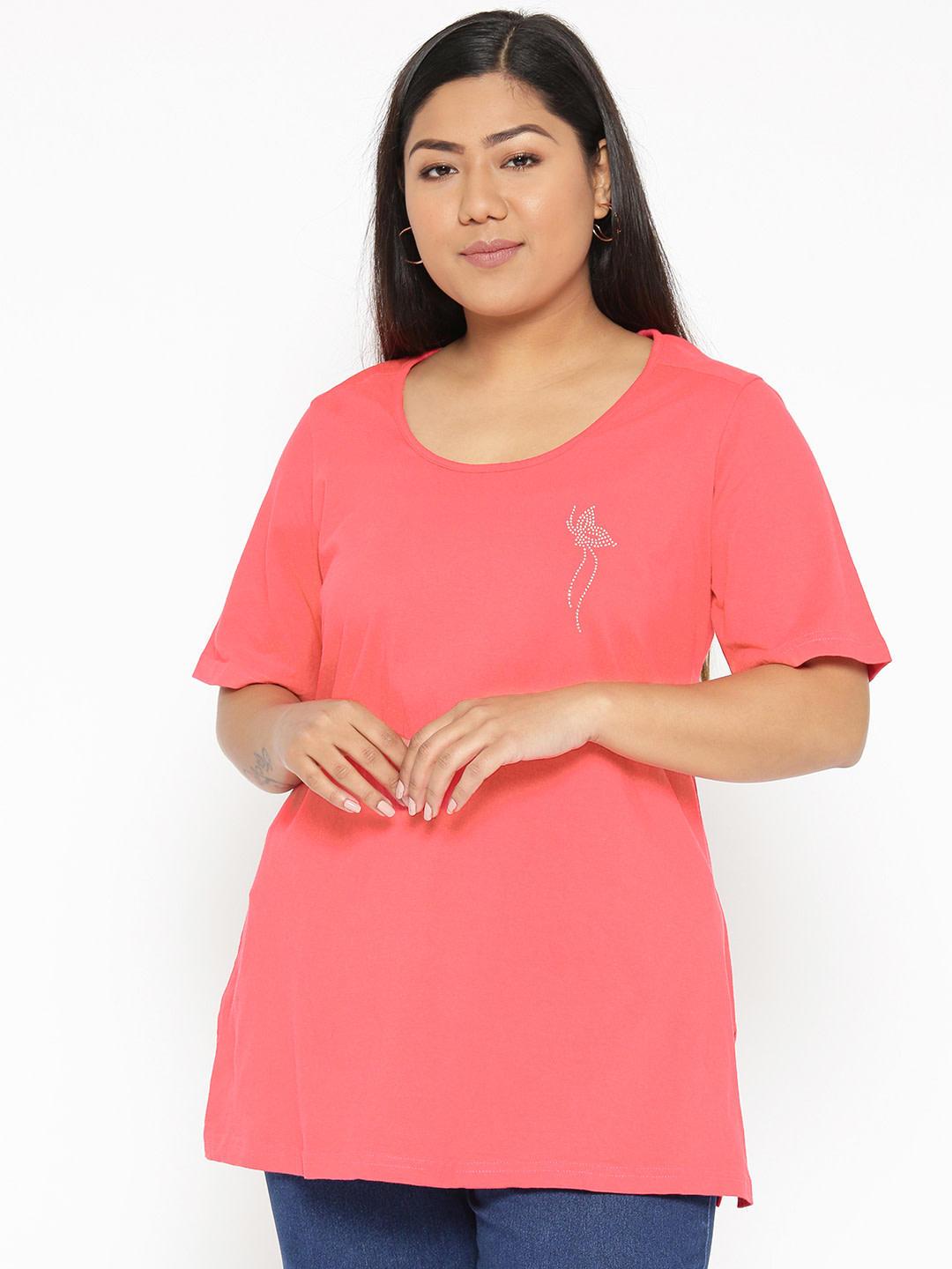 Women's Plus Size Peach Solid Color Cotton knitted T-shirt with embellished detail