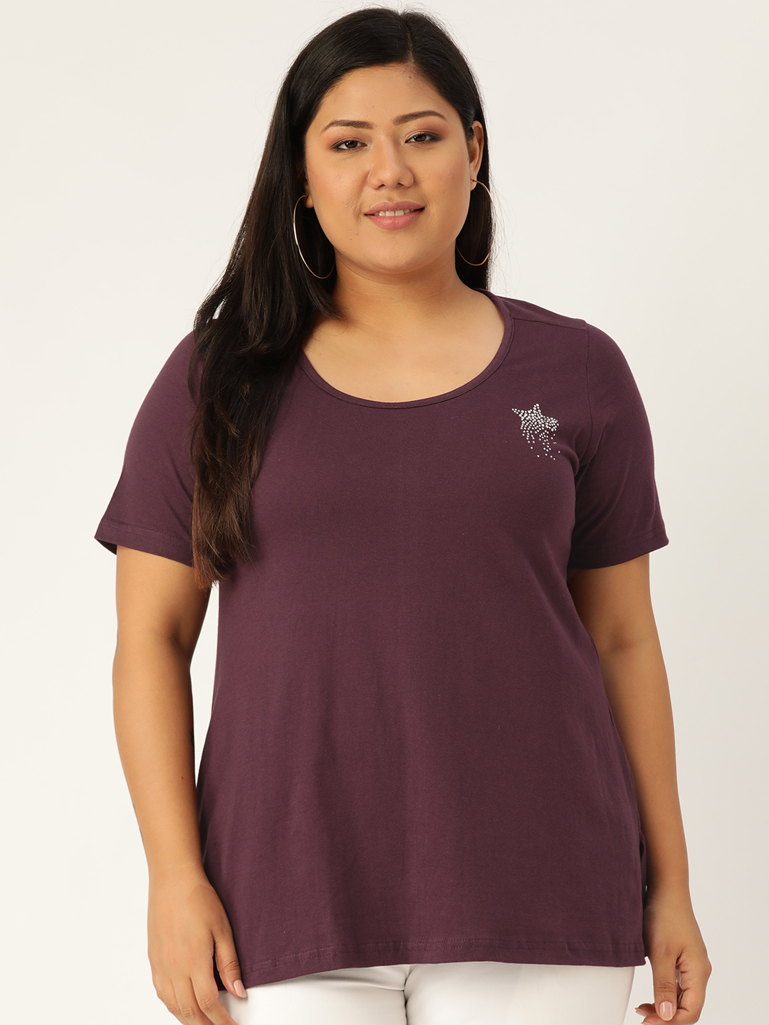 Women's Plus Size Purple Solid Color Cotton knitted T-shirt with embellished detail