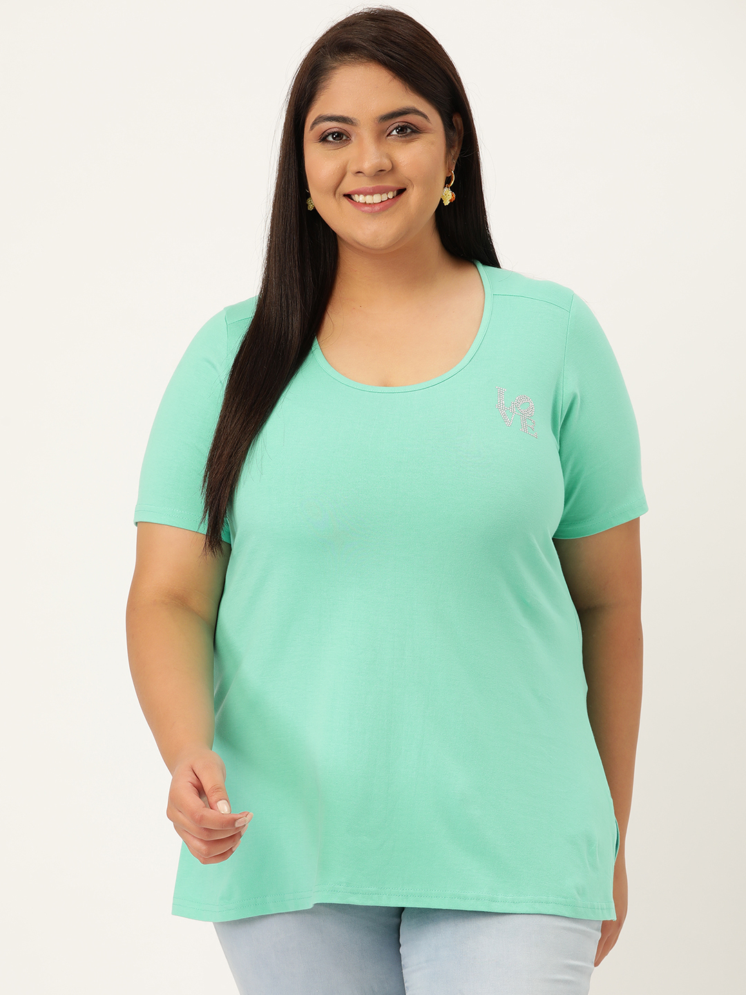 Women's Plus Size Sea Green Solid Color Cotton knitted T-shirt with embellished detail