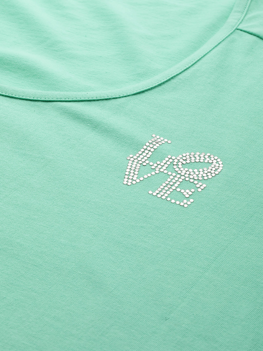 Women's Plus Size Sea Green Solid Color Cotton knitted T-shirt with embellished detail