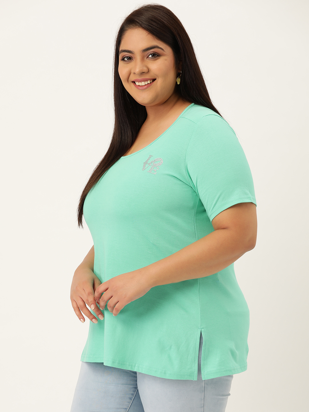 Women's Plus Size Sea Green Solid Color Cotton knitted T-shirt with embellished detail