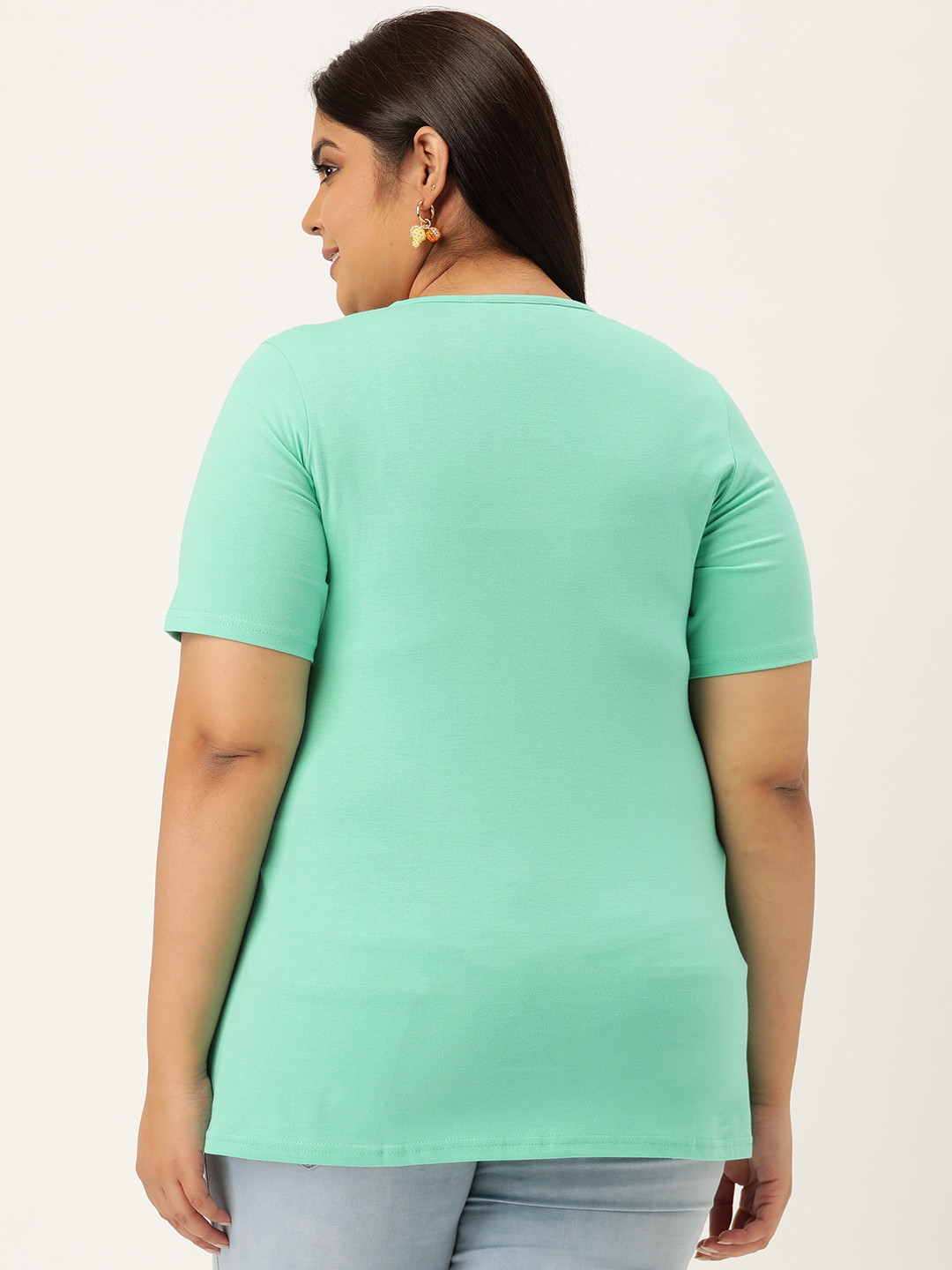 Women's Plus Size Sea Green Solid Color Cotton knitted T-shirt with embellished detail