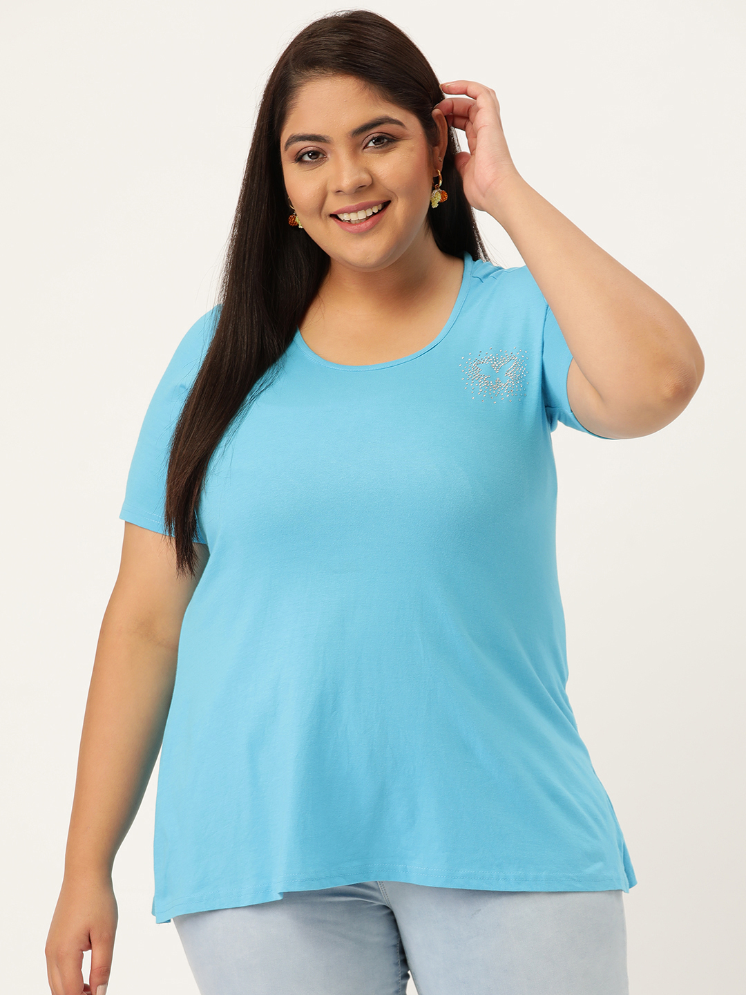 Women's Plus Size Turq Solid Color Cotton knitted T-shirt with embellished detail