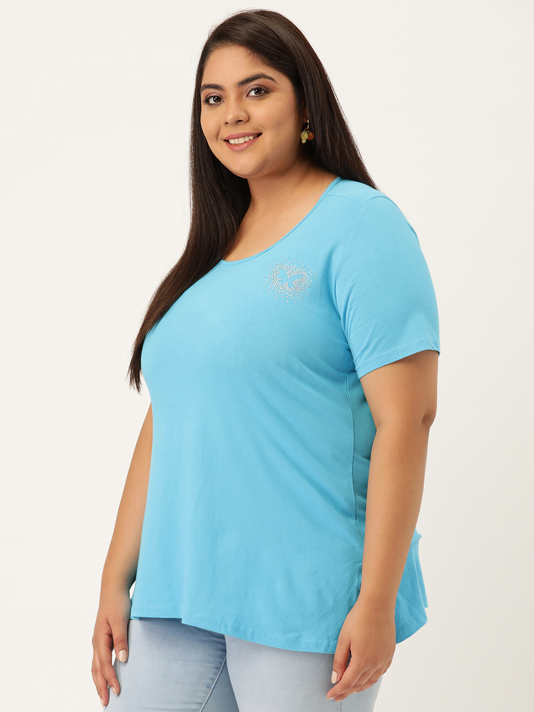 Women's Plus Size Turq Solid Color Cotton knitted T-shirt with embellished detail