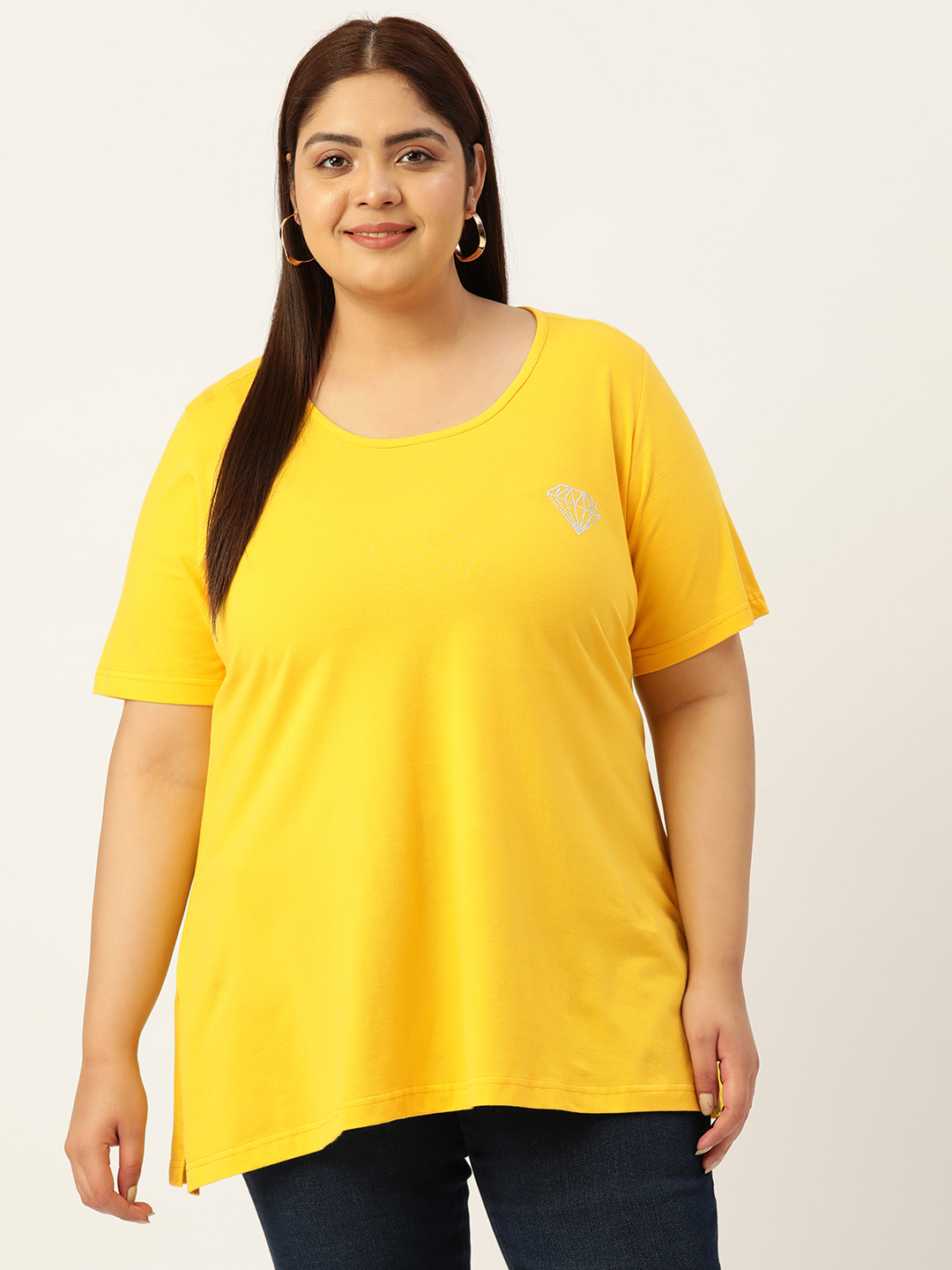 Women's Plus Size Yellow Solid Color Cotton knitted T-shirt with embellished detail