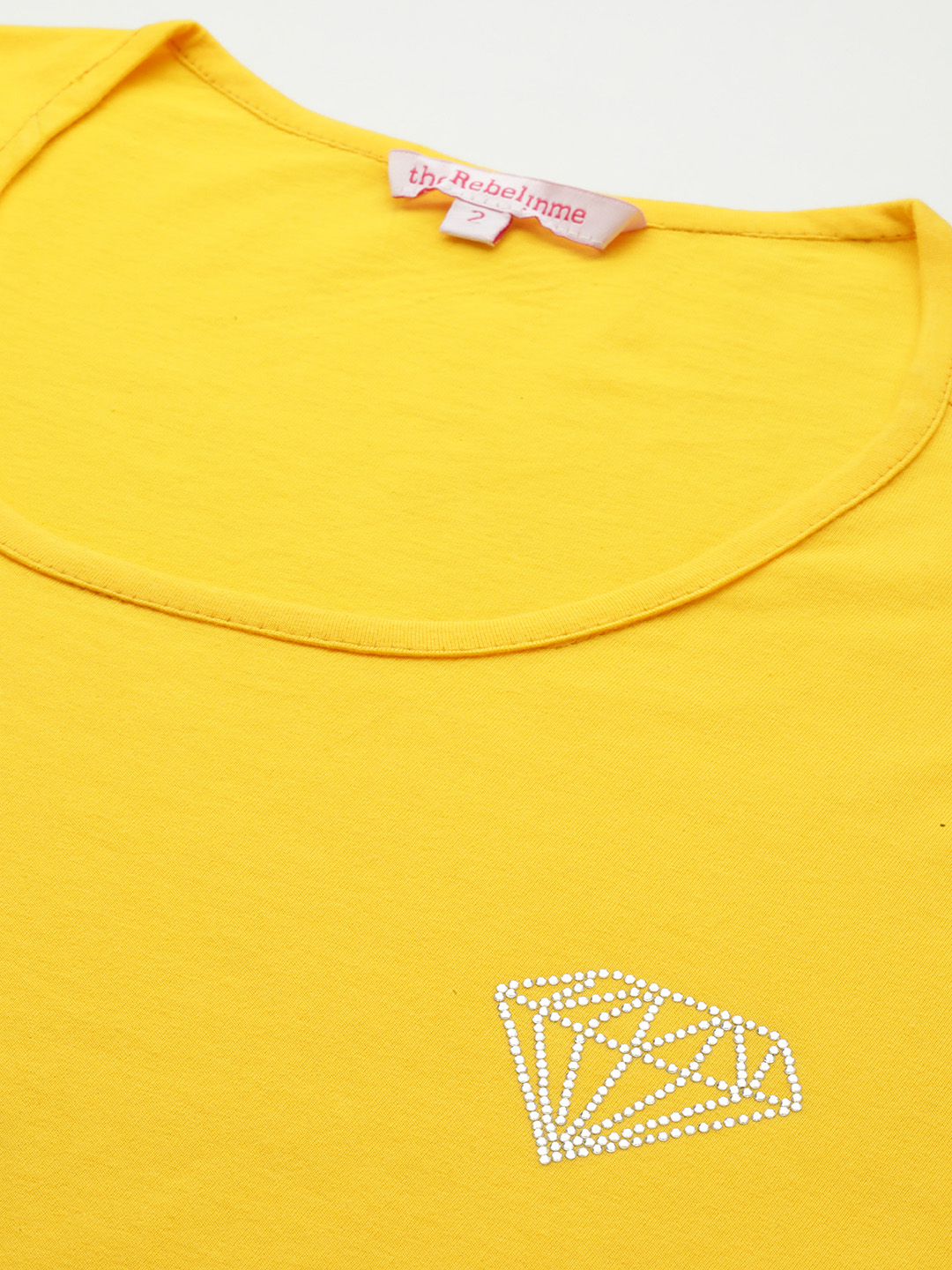 Women's Plus Size Yellow Solid Color Cotton knitted T-shirt with embellished detail