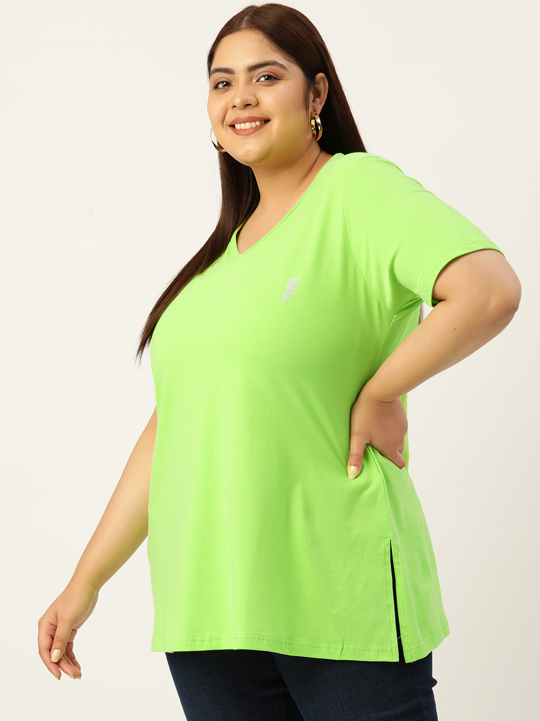 Women's Plus Size Bright Green Solid Color Cotton knitted T-shirt with embellished detail