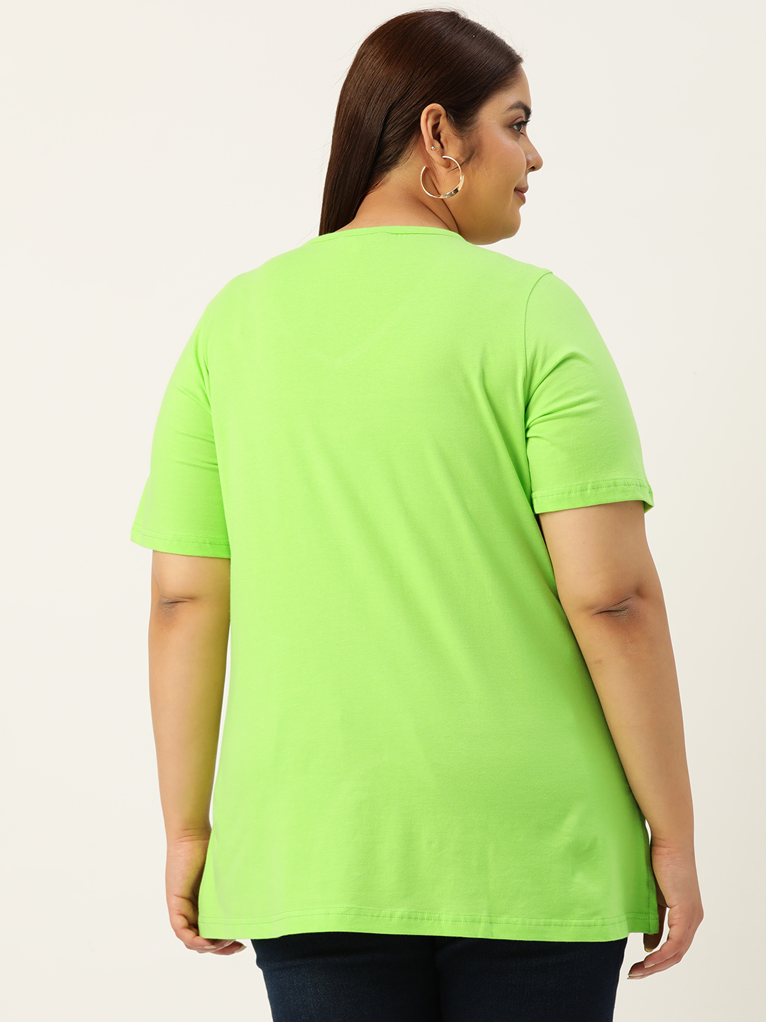 Women's Plus Size Bright Green Solid Color Cotton knitted T-shirt with embellished detail