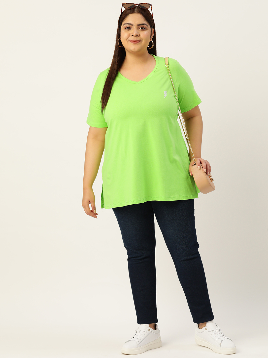 Women's Plus Size Bright Green Solid Color Cotton knitted T-shirt with embellished detail