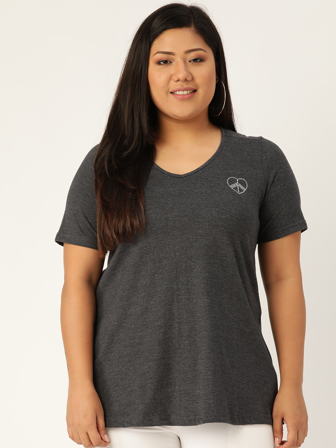 Women's Plus Size Charcoal Grey Solid Color Cotton knitted T-shirt with embellished detail