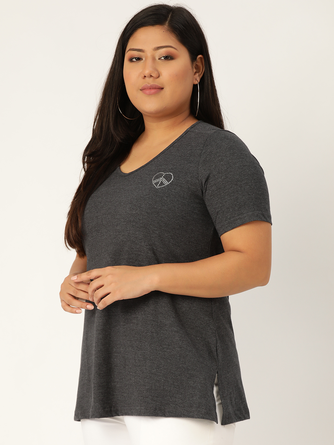 Women's Plus Size Charcoal Grey Solid Color Cotton knitted T-shirt with embellished detail