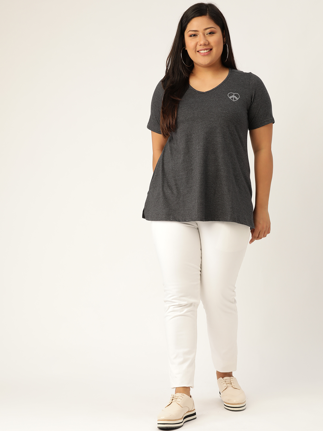 Women's Plus Size Charcoal Grey Solid Color Cotton knitted T-shirt with embellished detail