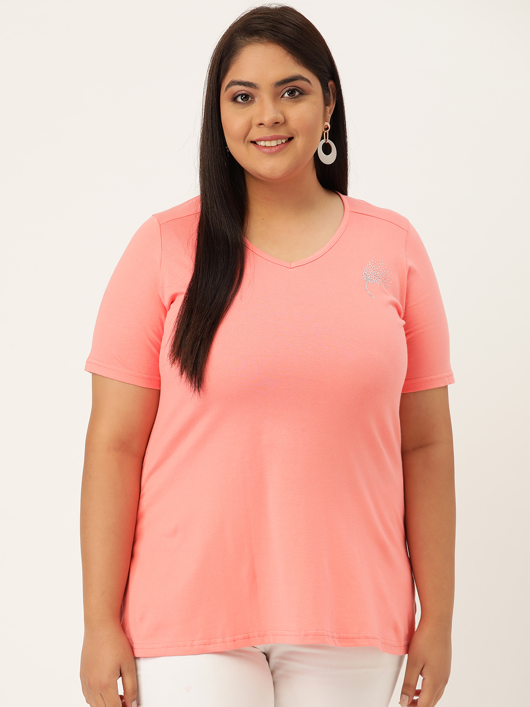 Women's Plus Size Dark Peach Solid Color Cotton knitted T-shirt with embellished detail