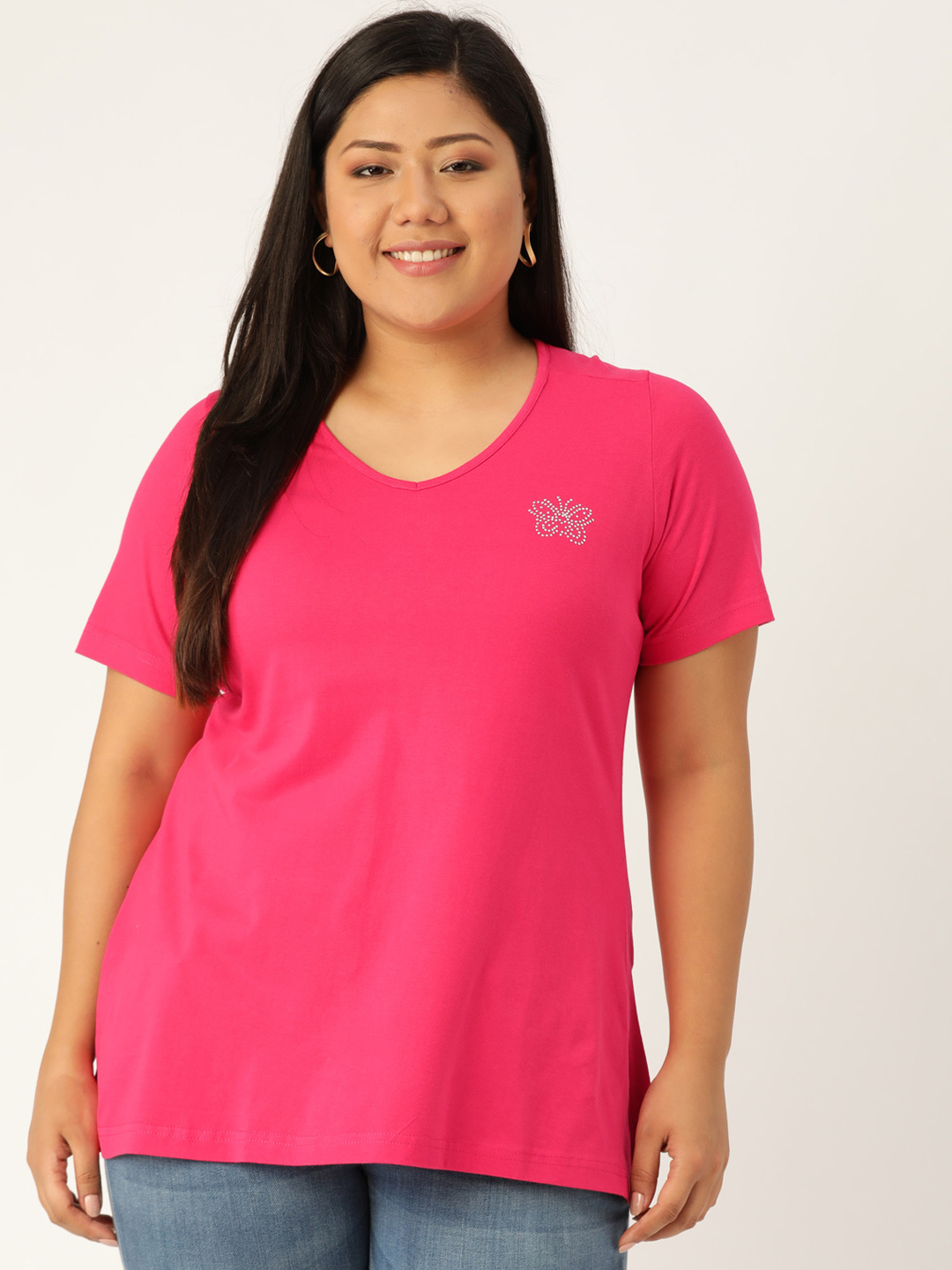 Women's Plus Size Fuchsia Solid Color Cotton knitted T-shirt with embellished detail