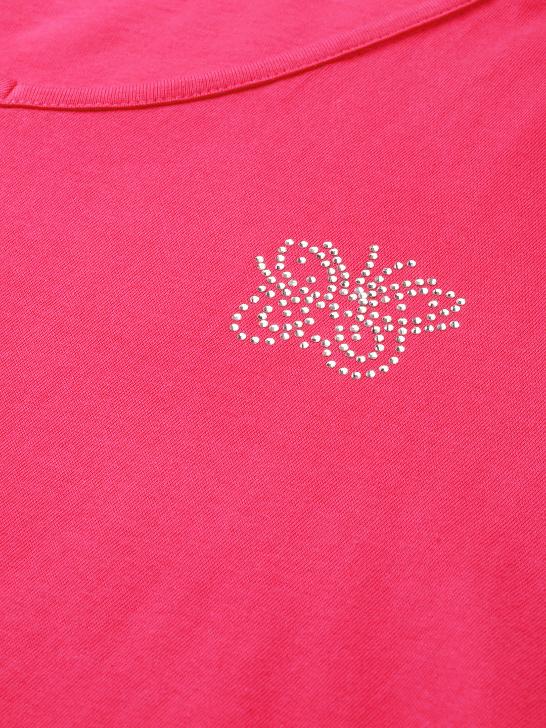 Women's Plus Size Fuchsia Solid Color Cotton knitted T-shirt with embellished detail
