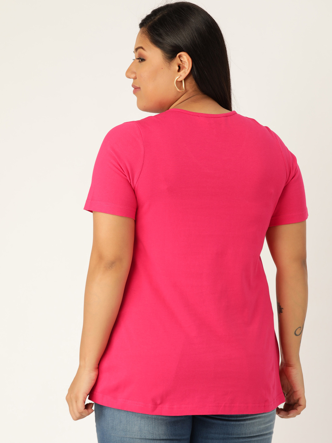 Women's Plus Size Fuchsia Solid Color Cotton knitted T-shirt with embellished detail