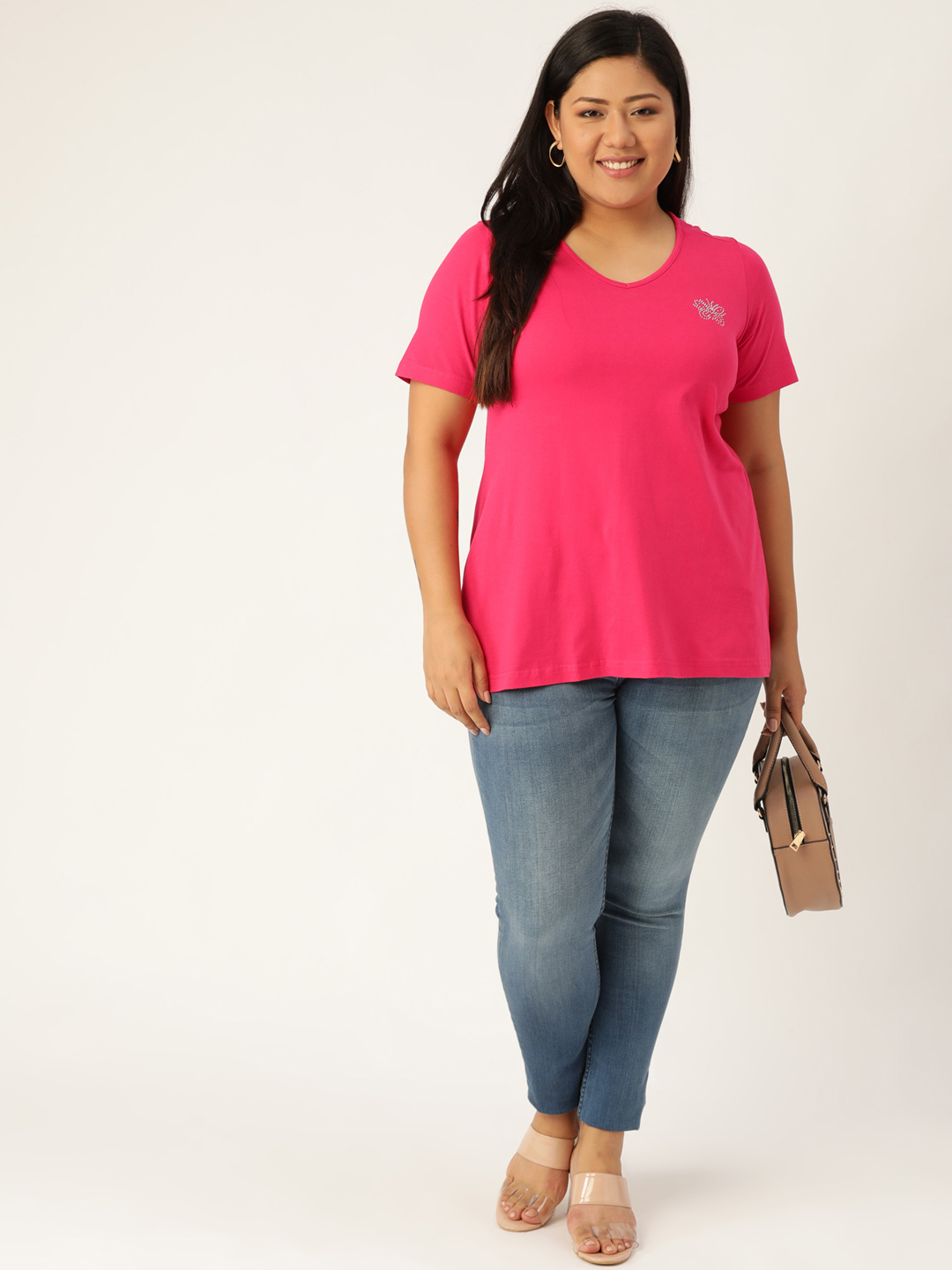Women's Plus Size Fuchsia Solid Color Cotton knitted T-shirt with embellished detail
