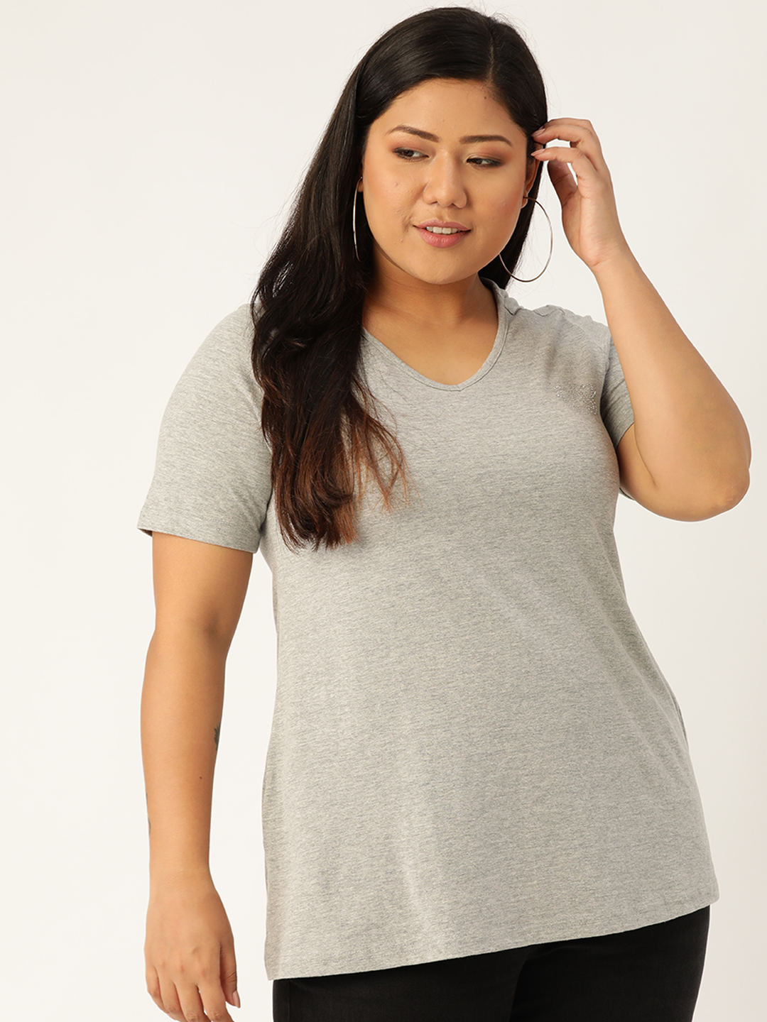 Women's Plus Size Light Grey Solid Color Cotton knitted T-shirt with embellished detail