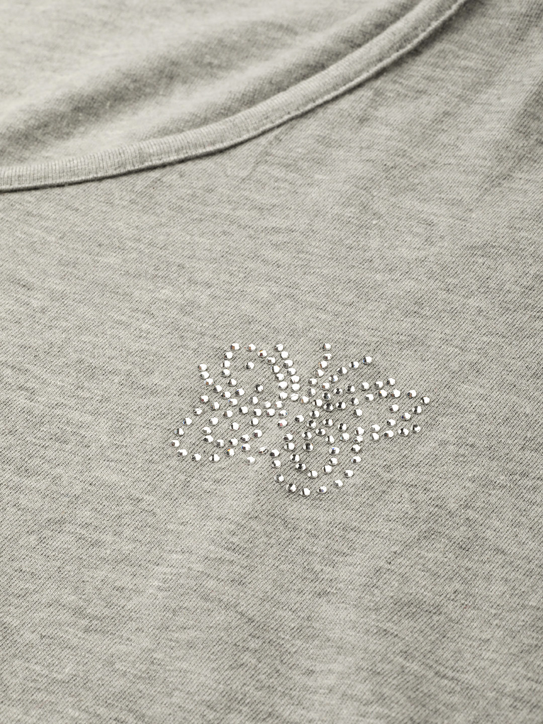 Women's Plus Size Light Grey Solid Color Cotton knitted T-shirt with embellished detail