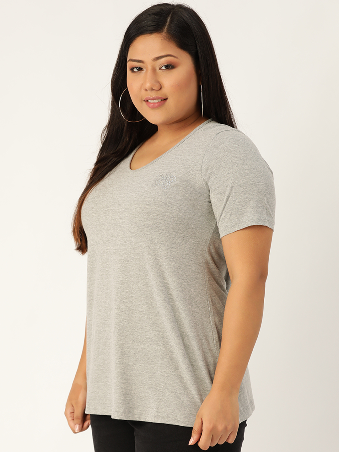 Women's Plus Size Light Grey Solid Color Cotton knitted T-shirt with embellished detail