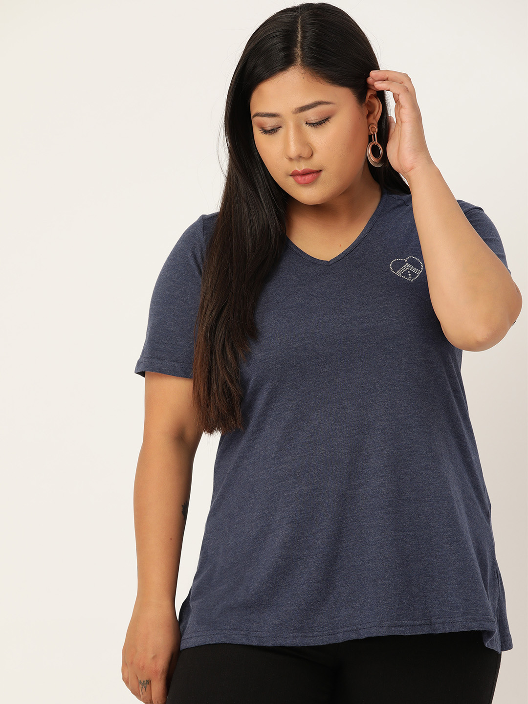 Women's Plus Size Melange Blue Solid Color Cotton knitted T-shirt with embellished detail