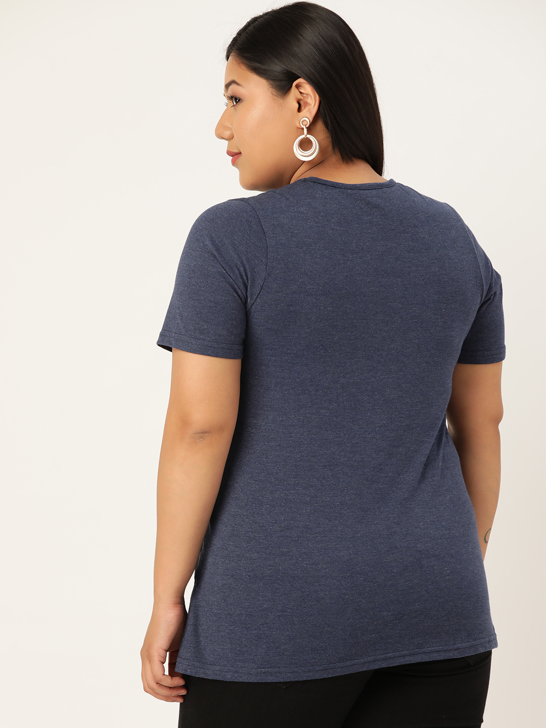 Women's Plus Size Melange Blue Solid Color Cotton knitted T-shirt with embellished detail