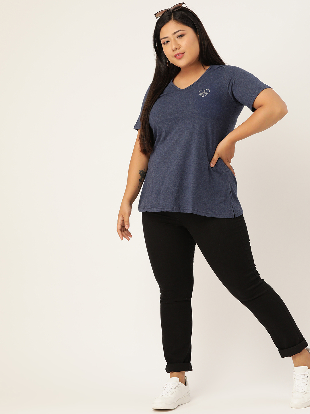 Women's Plus Size Melange Blue Solid Color Cotton knitted T-shirt with embellished detail