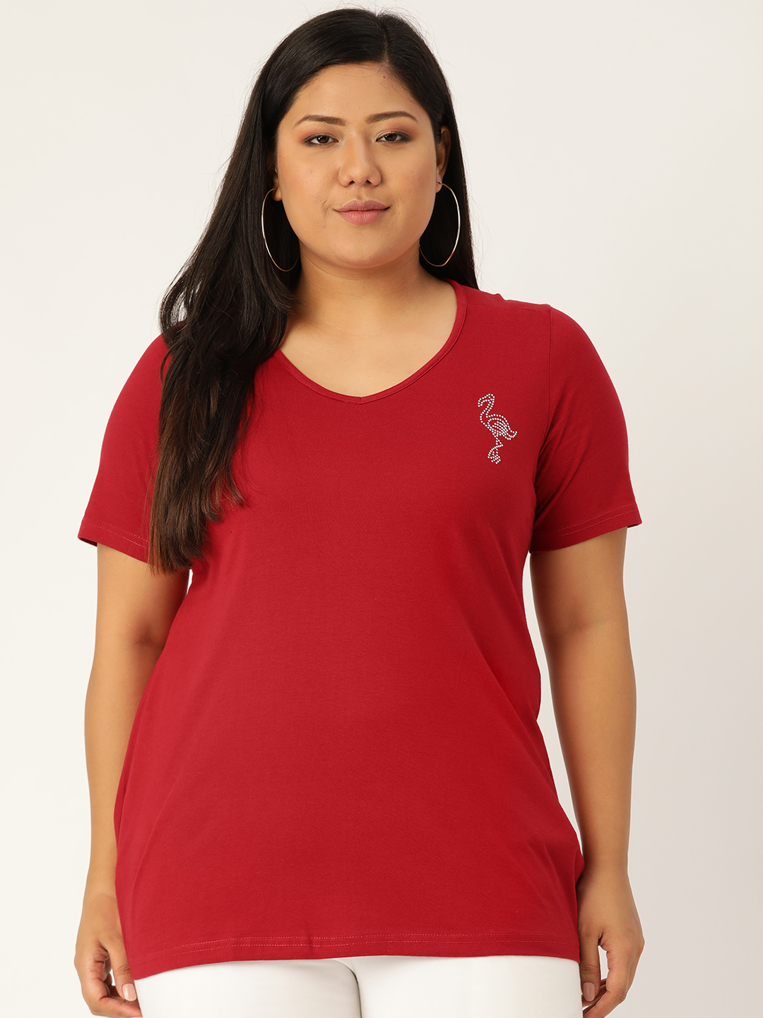 Women's Plus Size Maroon Solid Color Cotton knitted T-shirt with embellished detail