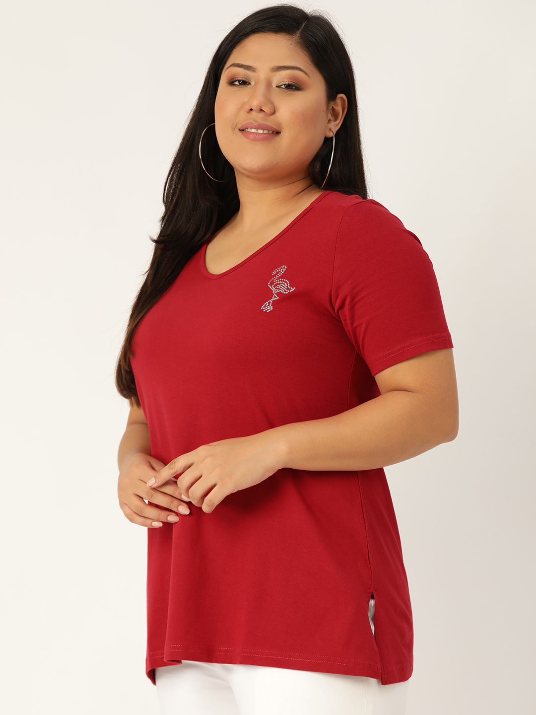 Women's Plus Size Maroon Solid Color Cotton knitted T-shirt with embellished detail