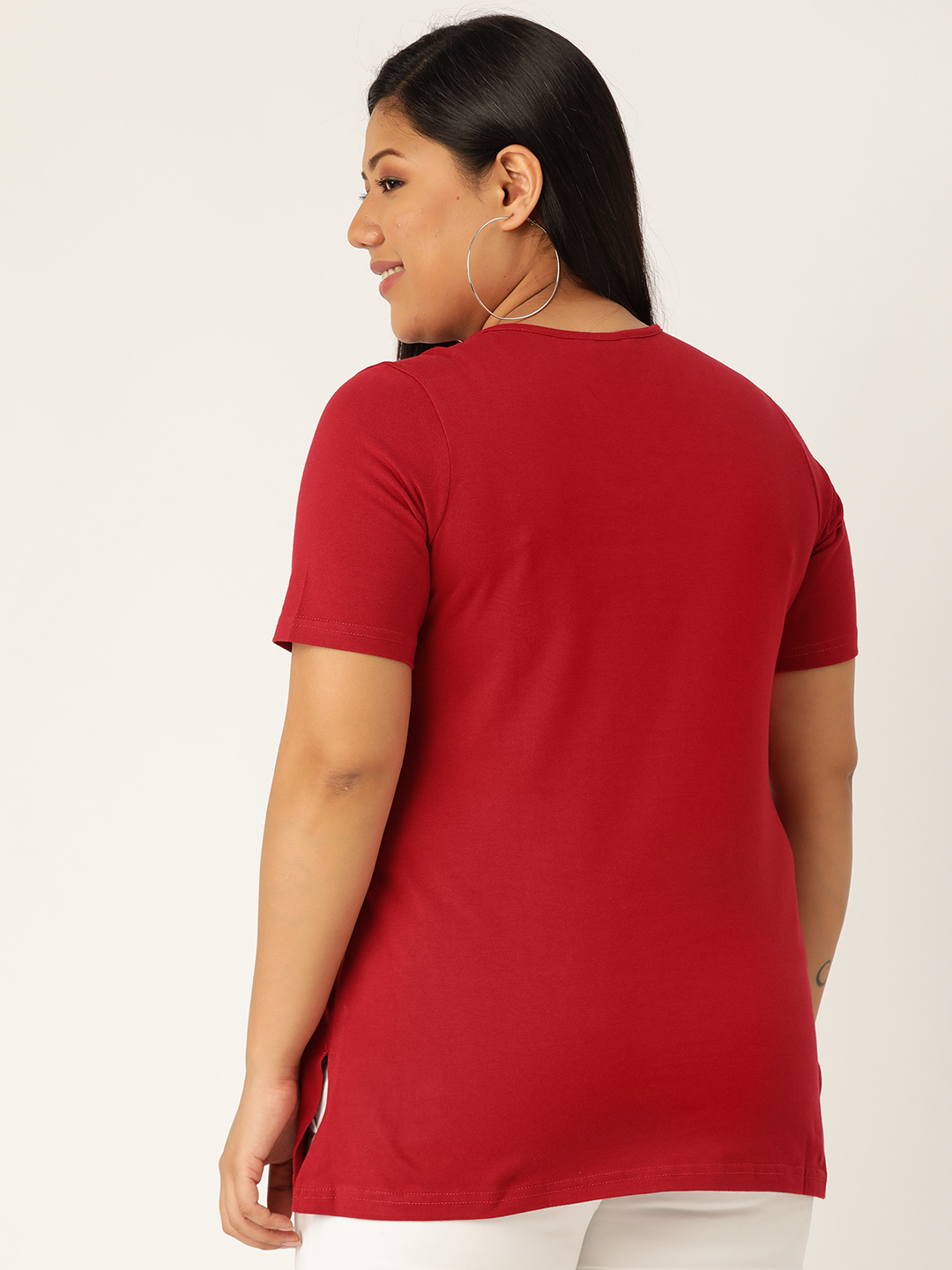 Women's Plus Size Maroon Solid Color Cotton knitted T-shirt with embellished detail