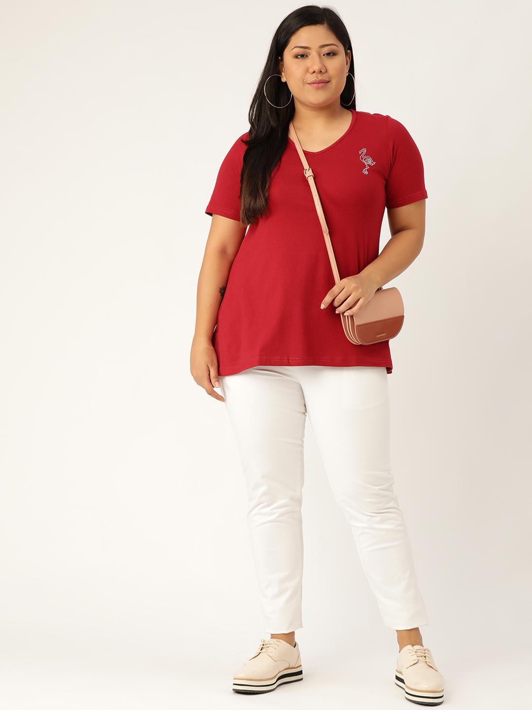Women's Plus Size Maroon Solid Color Cotton knitted T-shirt with embellished detail