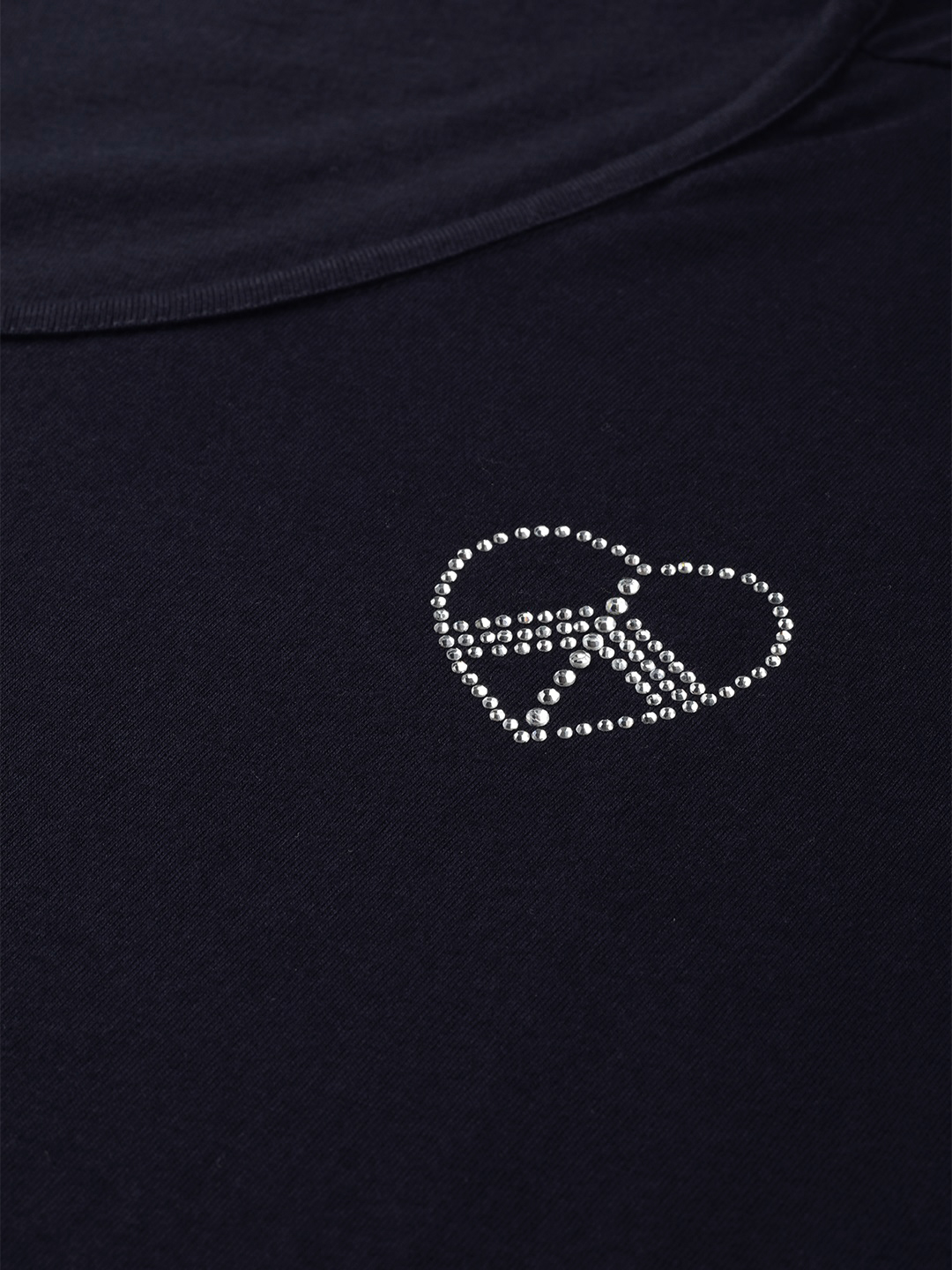 Women's Plus Size Navy Blue Solid Color Cotton knitted T-shirt with embellished detail
