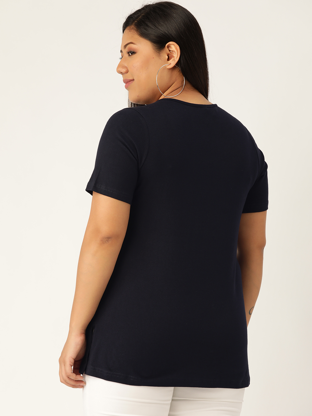 Women's Plus Size Navy Blue Solid Color Cotton knitted T-shirt with embellished detail