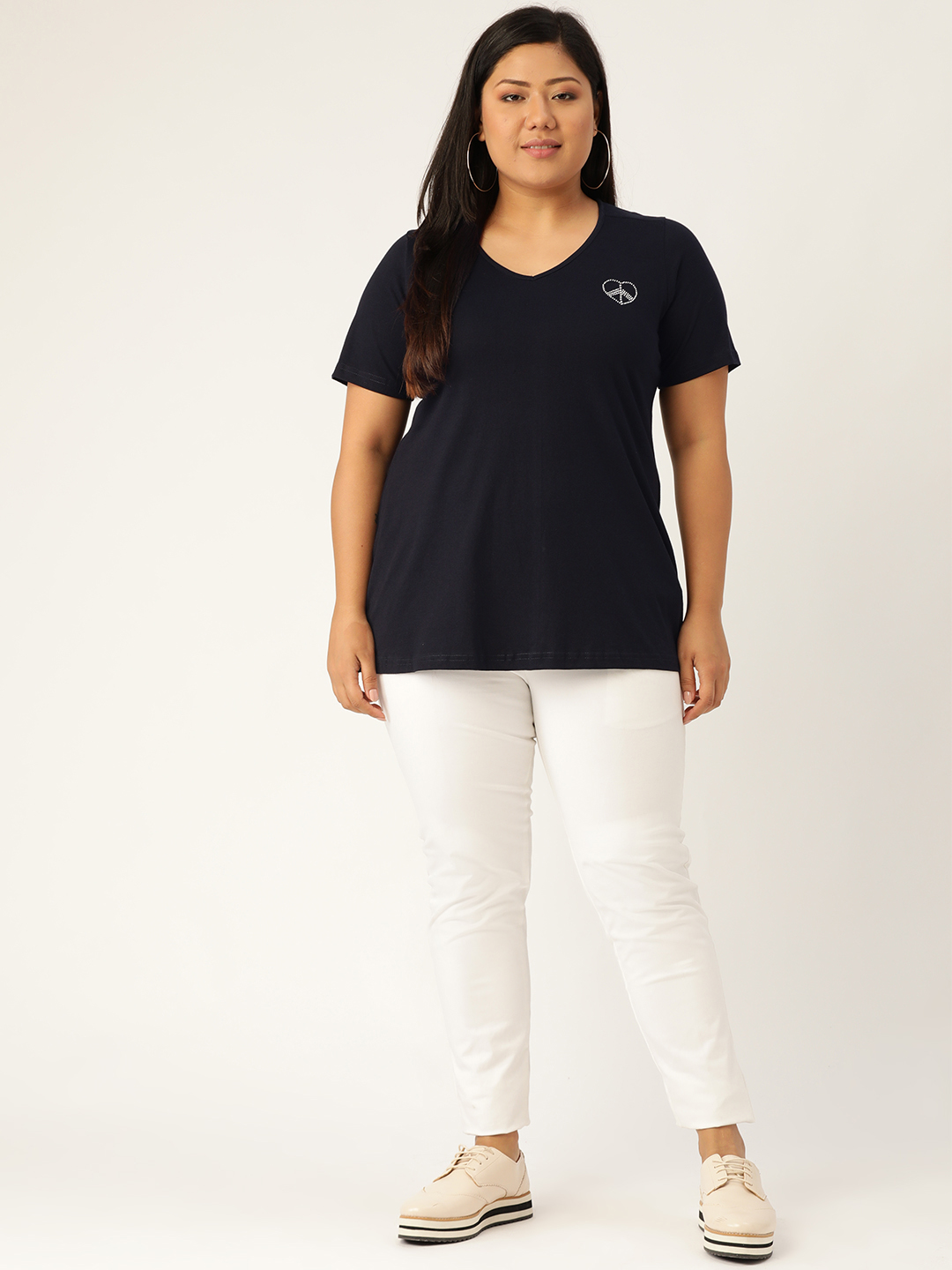 Women's Plus Size Navy Blue Solid Color Cotton knitted T-shirt with embellished detail