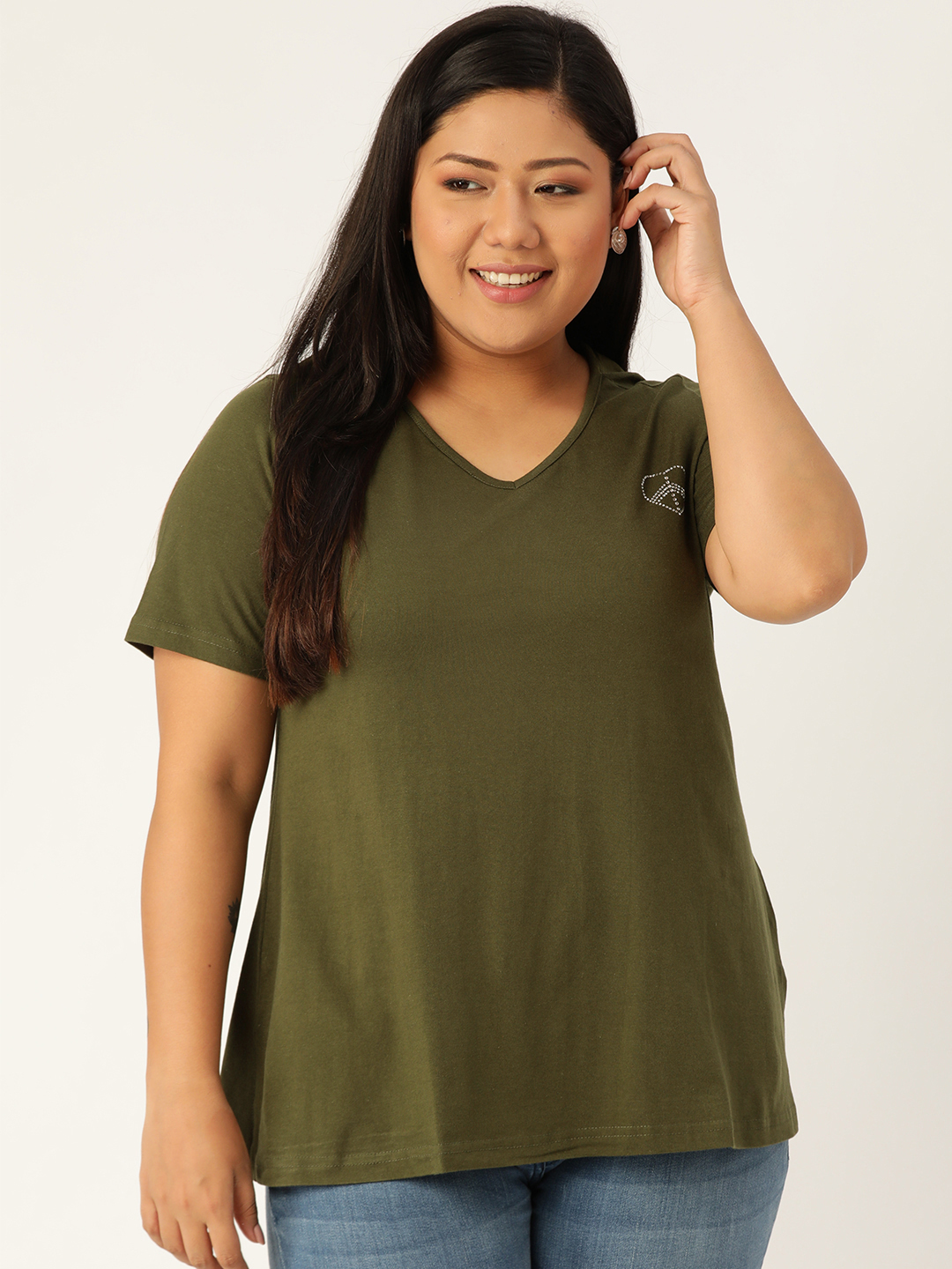 Women's Plus Size Olive Solid Color Cotton knitted T-shirt with embellished detail